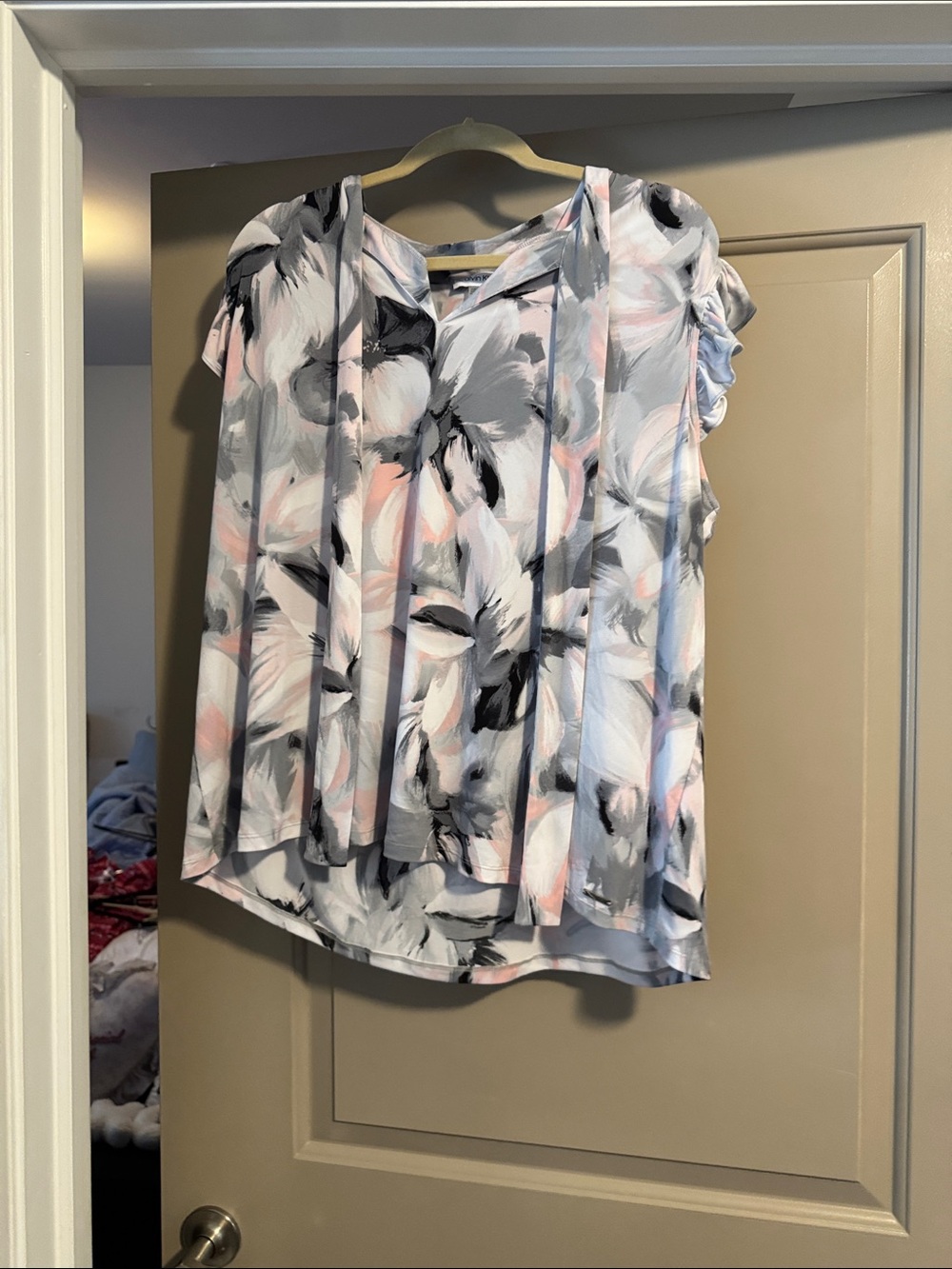 Calvin Klein Floral Hooded Blouse in Pink, Gray and Black